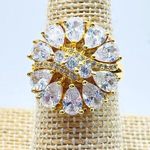 Vintage Gold Tone Ring Clear Marquise Rhinestone Flower Cluster Dinner Statement
